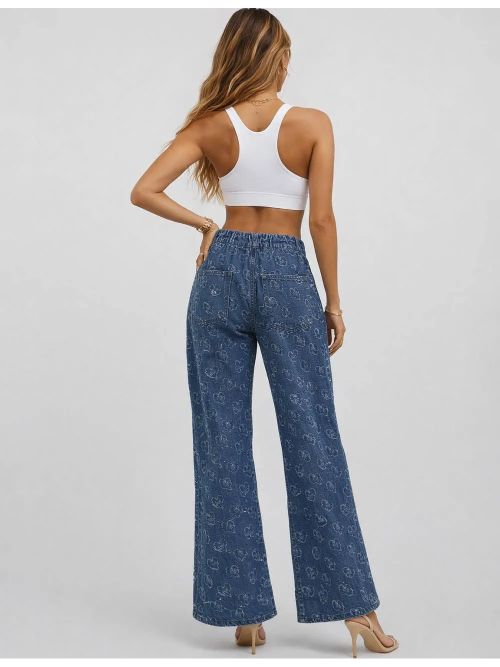 Valentine Heart Jacquard Button Wide Leg Denim Pants