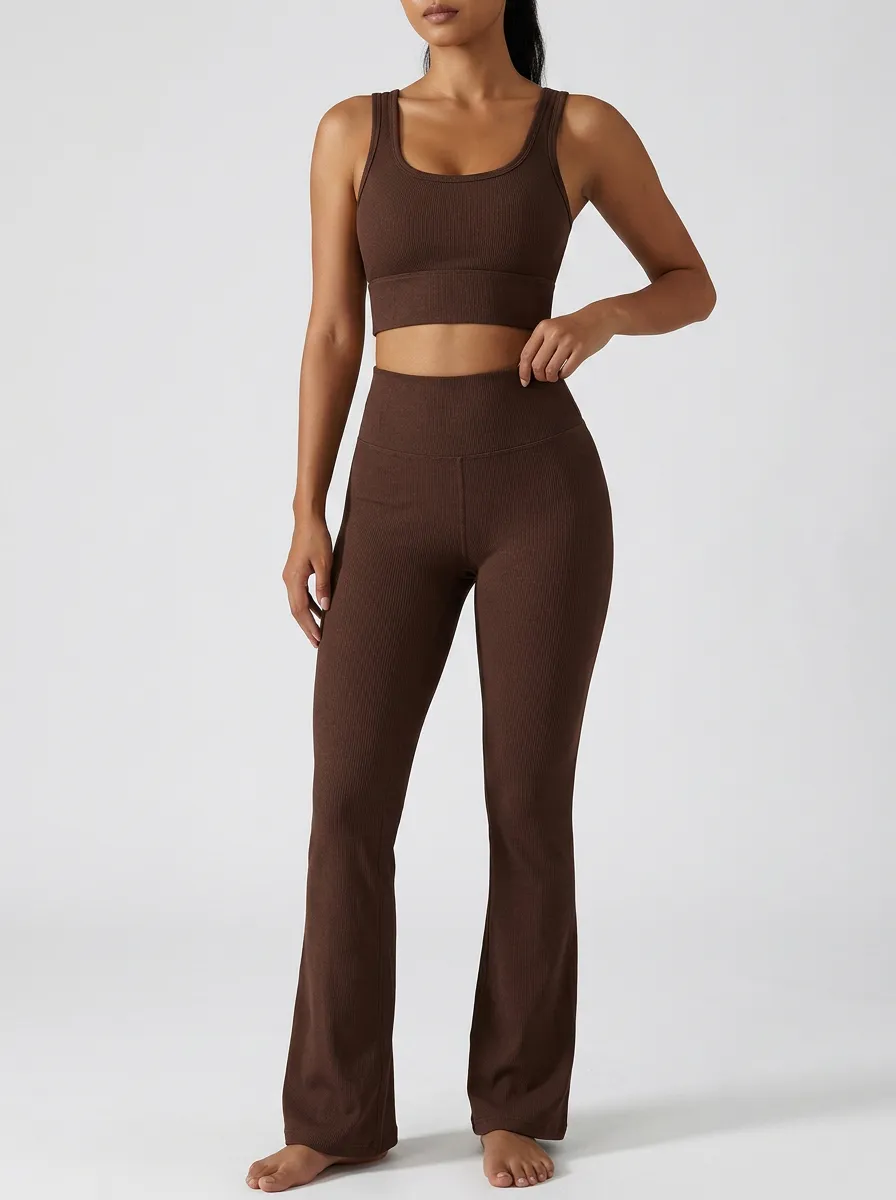 Women's Contemporary Ribbed Yoga Inspired Fitness Inspired Tank Top and Flare Pants Active Set