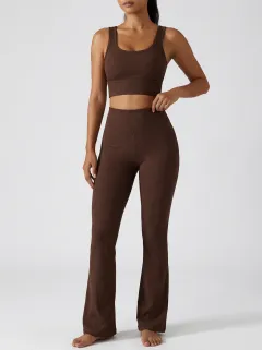 Women's Contemporary Ribbed Yoga Inspired Fitness Inspired Tank Top and Flare Pants Active Set