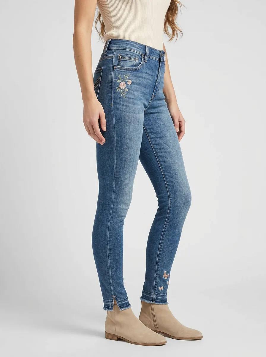 Women's Canyon Floral Butterfly Embroidered Printed Slim Jeans