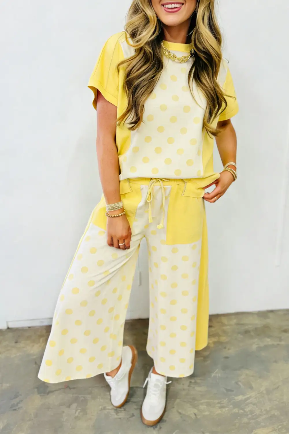 Easy Patchwork Polka Dot Wide Leg Two Piece Set