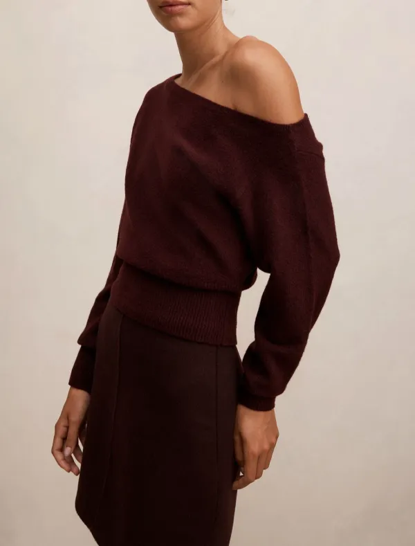 Burgundy Off-Shoulder Asymmetric Knit Sweater