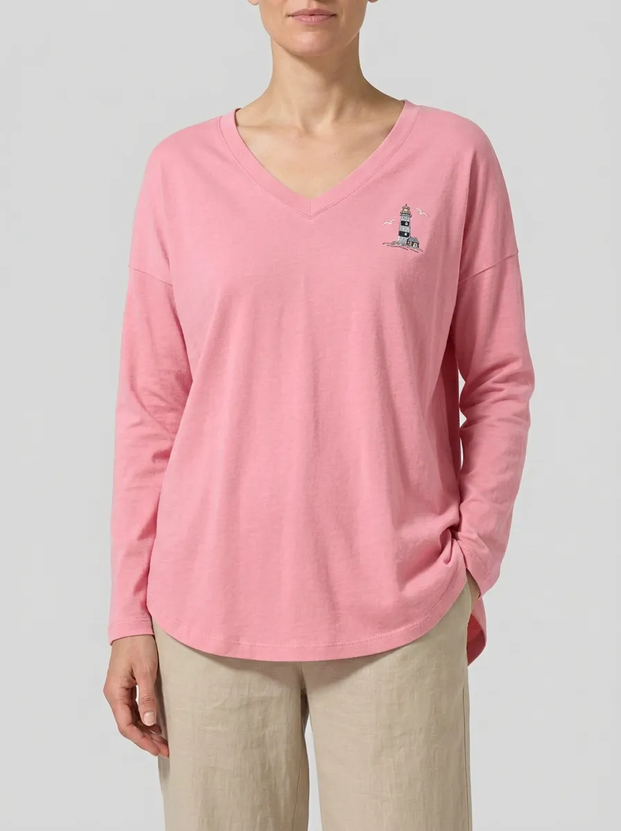 Women's Lighthouse Embroidered V-Neck Long-Sleeve T-Shirt