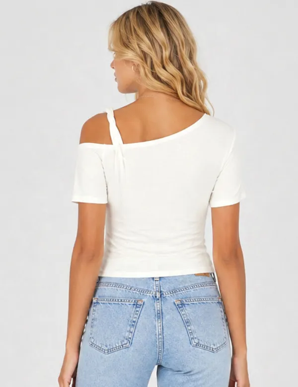 Solid Color One Shoulder Twist Strap Short Sleeves Top