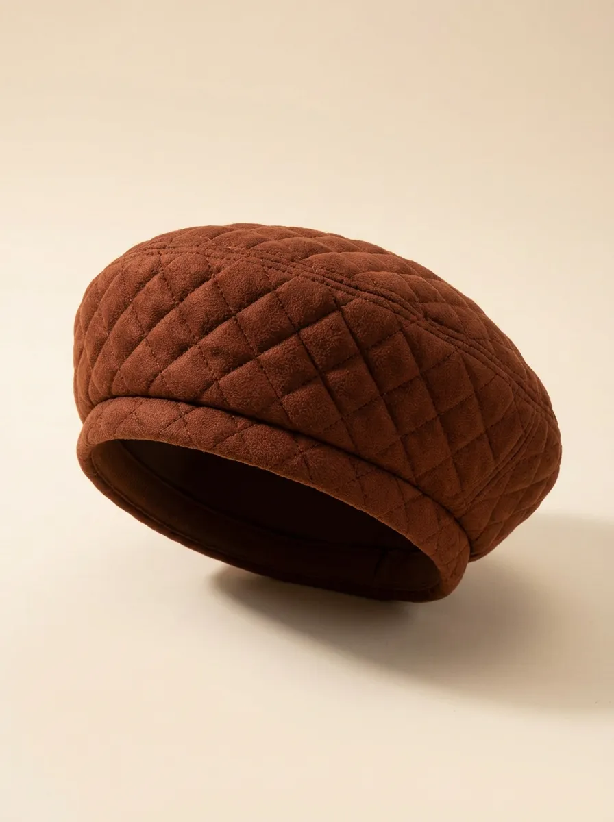 Unisex Brown Diamond-Quilted Suede-Look Beret