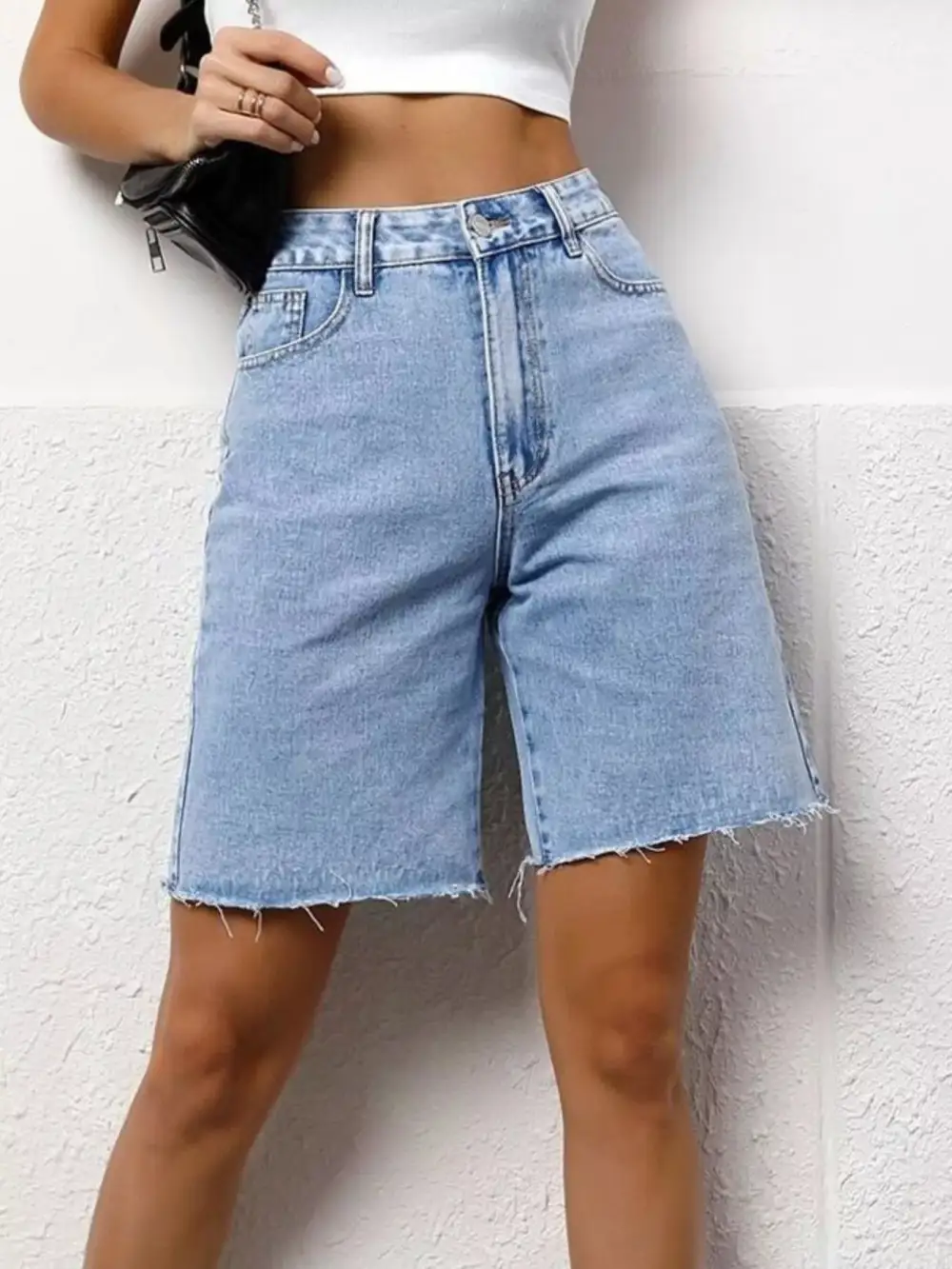 High-Waist Raw-Hem Pocketed Cotton Denim Shorts