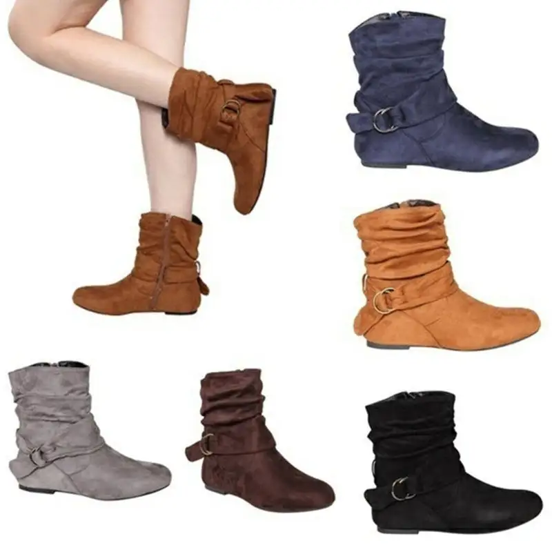 Vintage Suede Buckle Strap Ankle Boots Daily Casual Flat Slouch Boots