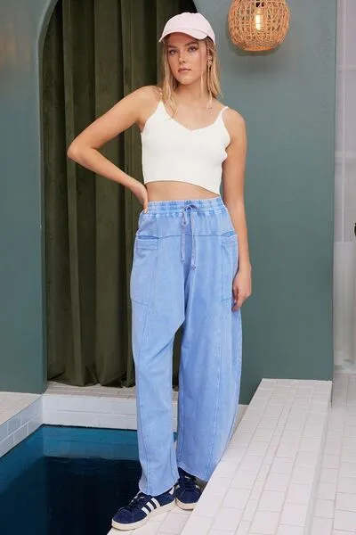 Mineral Wash Elastic Waist Baarrel Leg Pants