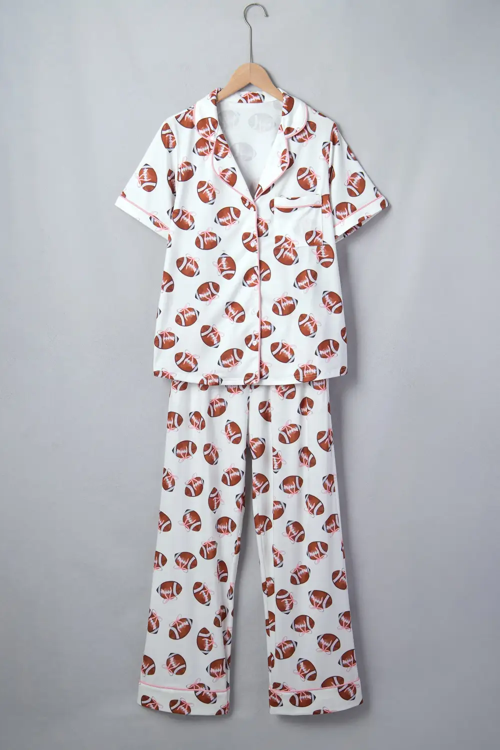 Women's Rugby Print Short Sleeve Button Down Top Loose Pants Game Day Pajama Set