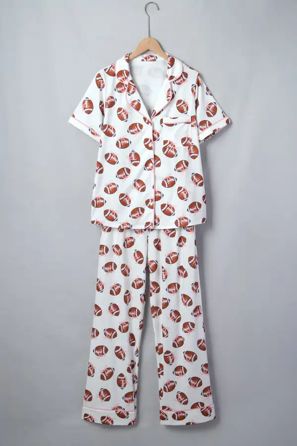 Women's Rugby Print Short Sleeve Button Down Top Loose Pants Game Day Pajama Set