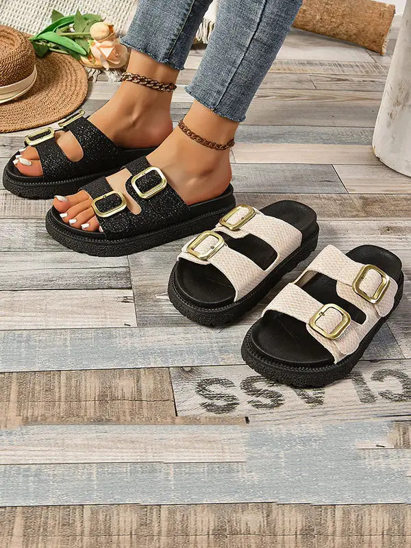 Buckle Cutout Open-Toe Polished Flat Sandals