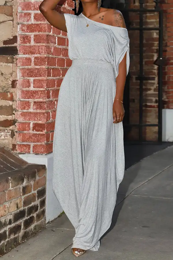 Solid Color Harem Asymmetric Neck Pant Set