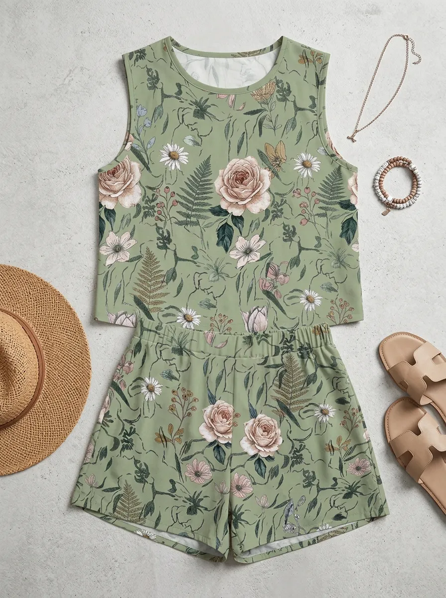 Women's Botanical Floral Rose Printed Sleeveless Shorts Set
