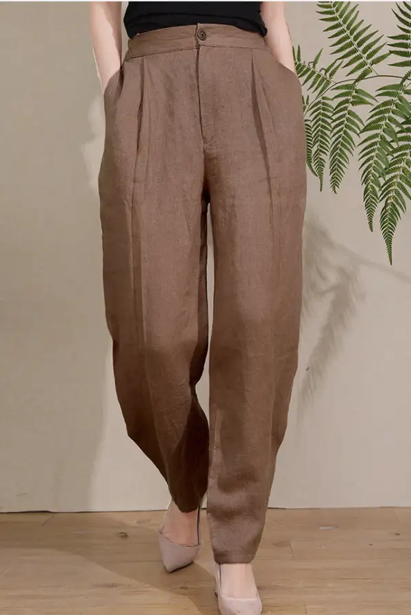 Statement Linen Wide Leg High Waist Pocketed Trousers