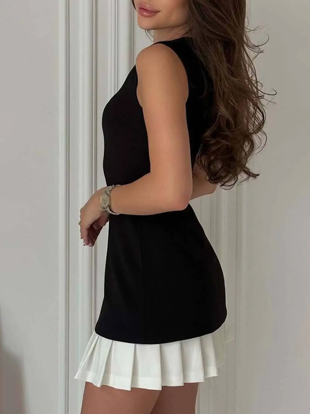 Two Tone Splicing Sleeveless Pleated Mini Dress