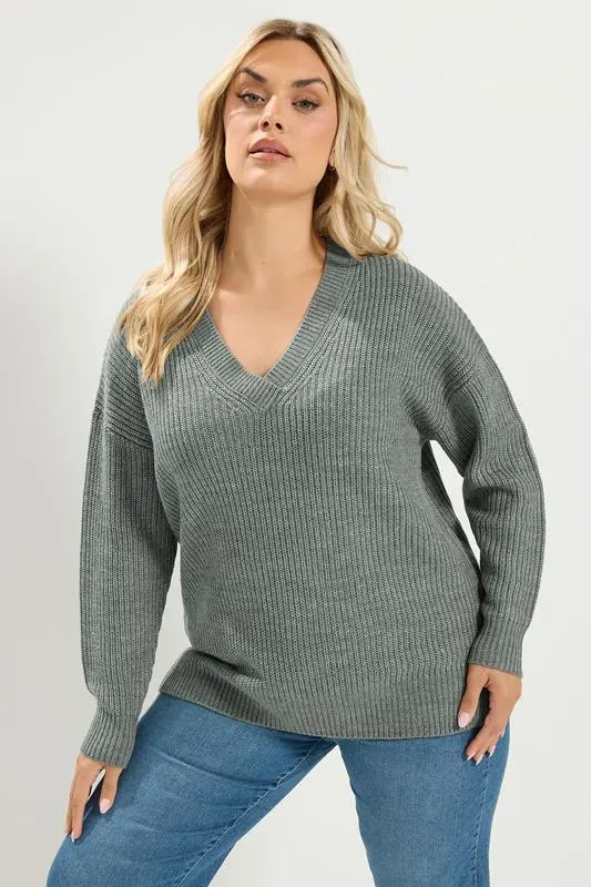 Plus Size Grey V-Neck Knitted Jumper