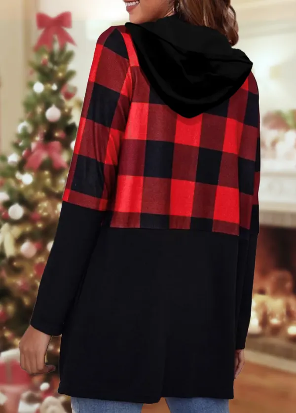 Black Pocket Tartan Print Long Sleeve Coat