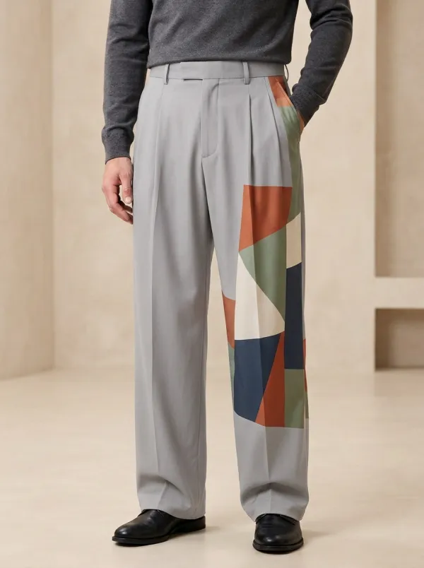 Men's Geometric Pattern Colorblock Printed Wide Leg Pants