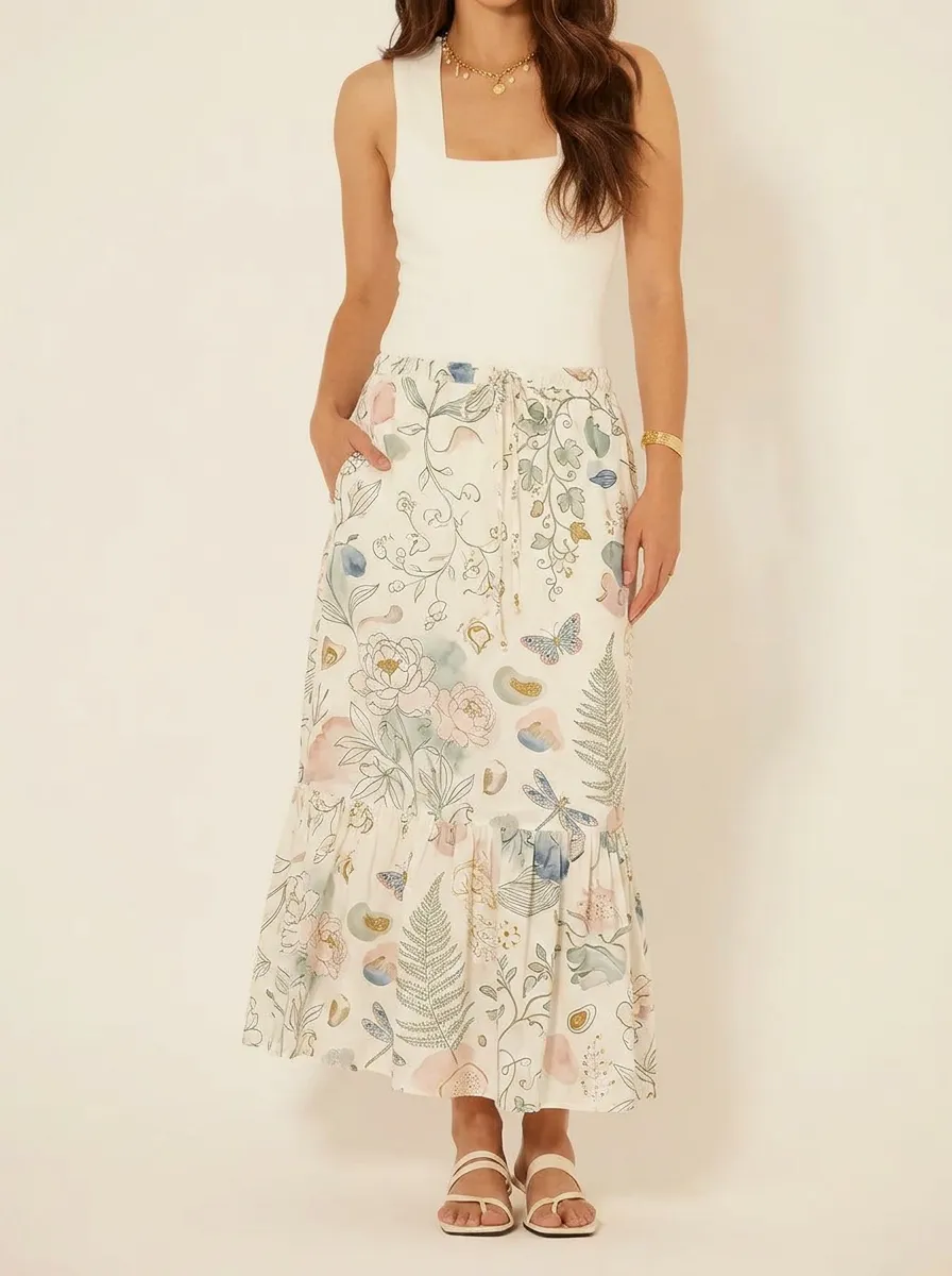 Women's Tiered Botanical Butterfly Floral Printed Midi Skirt