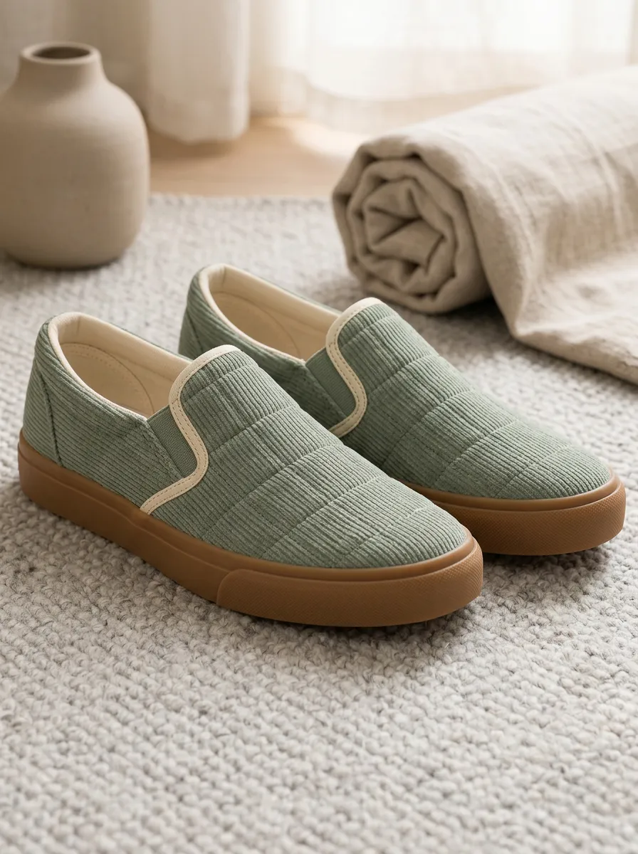 Women's Sage Green Corduroy Quilted Slip-on Shoes