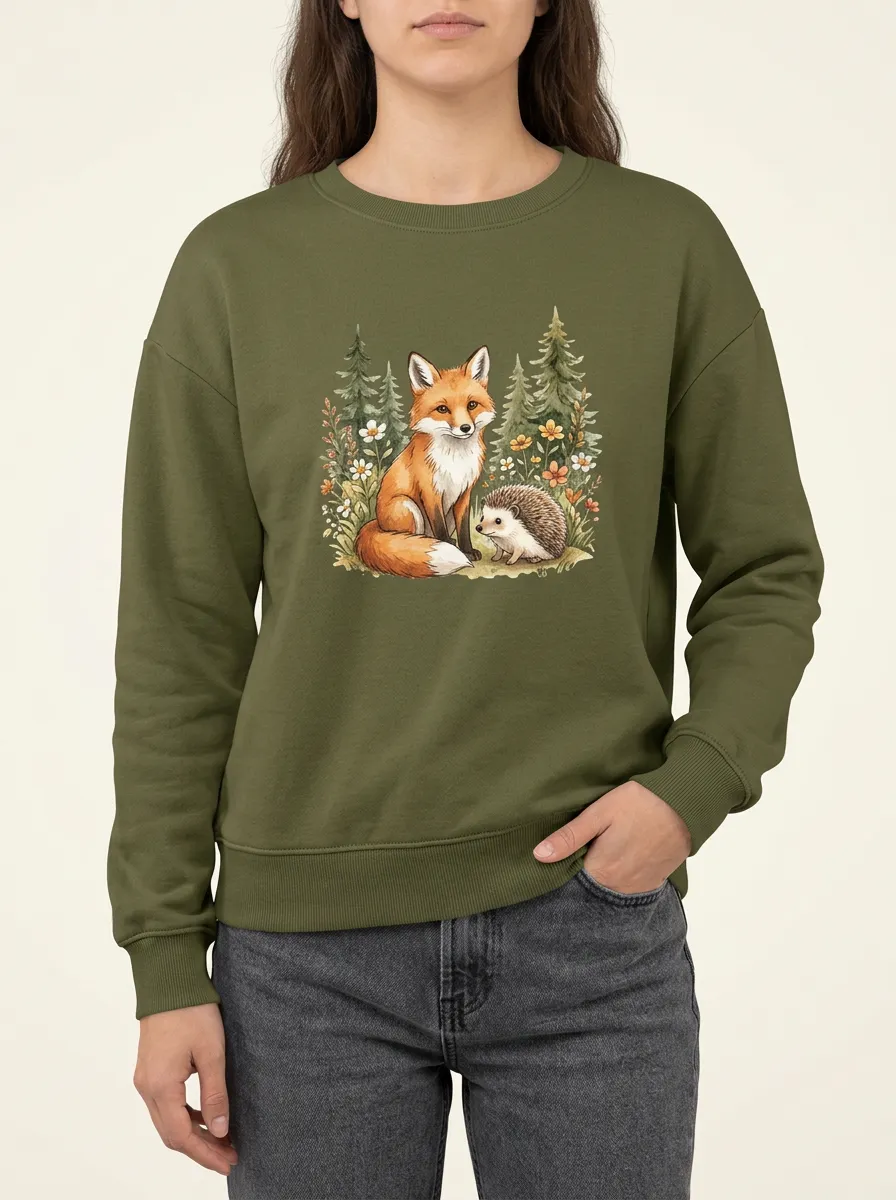 Women's Printed Casual Top Showcasing Fox and Hedgehog