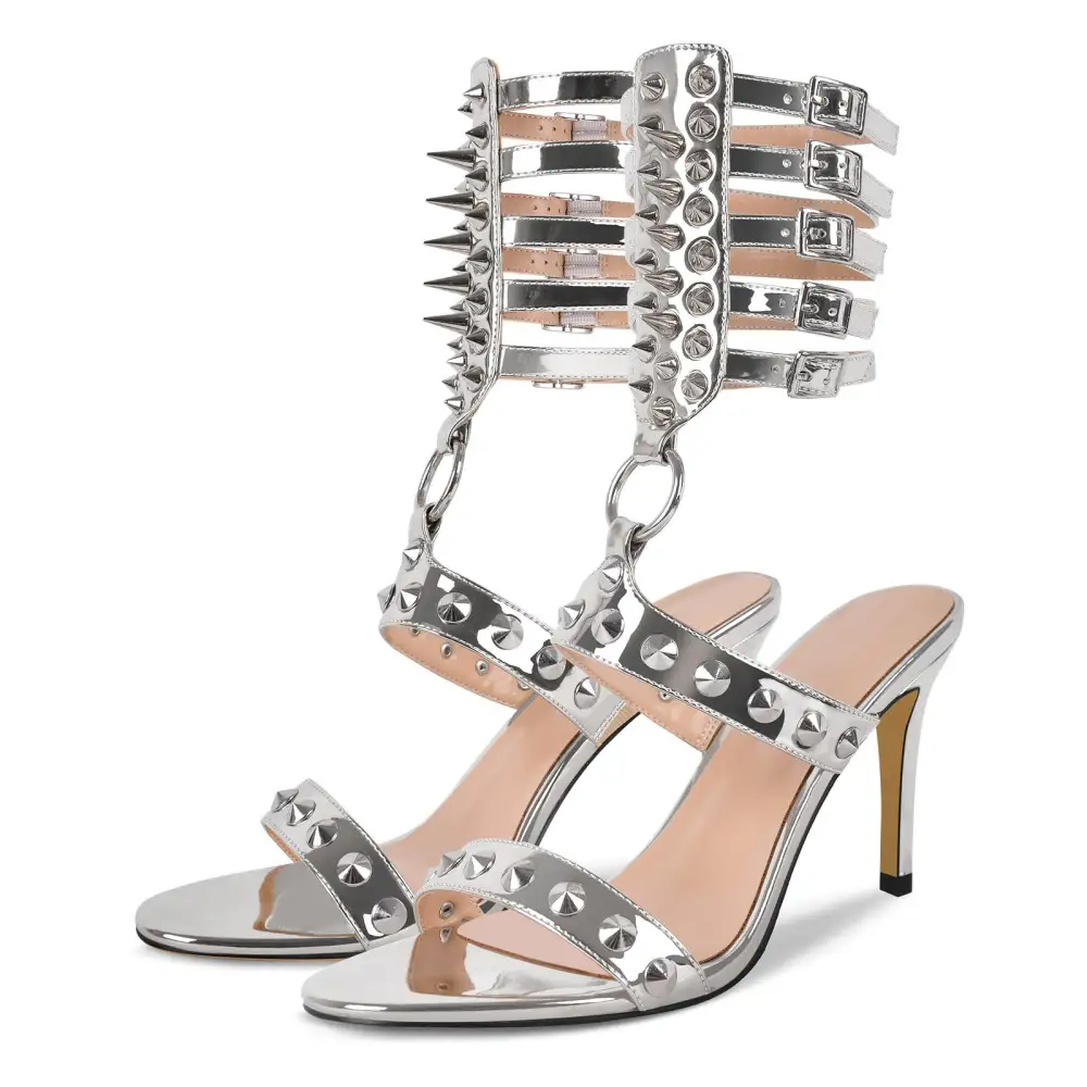 Round Toe Rivet Multi Buckle Strap Sandals