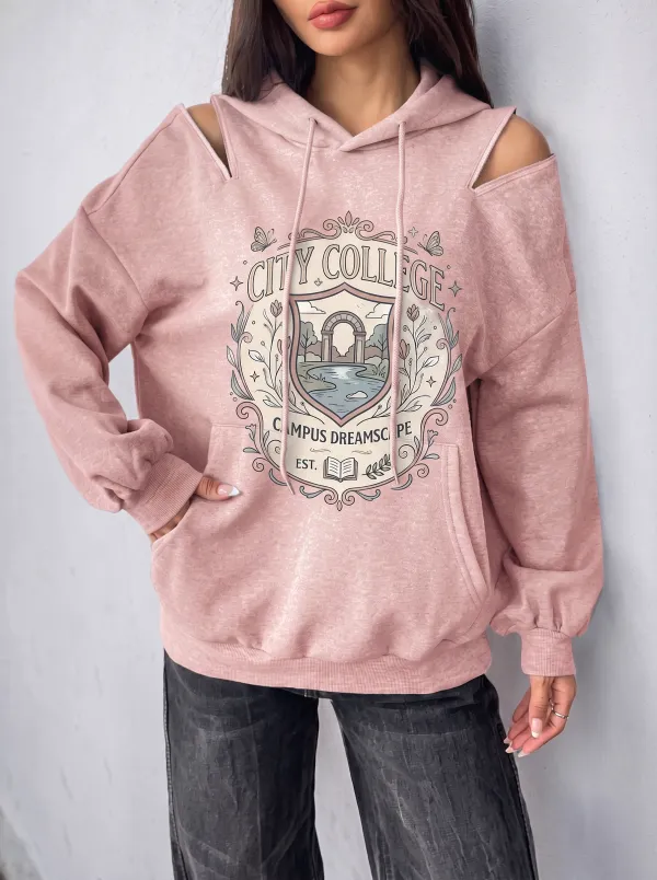 Women's City College Campus Dreamscape Shield Printed Cold Shoulder Hoodie