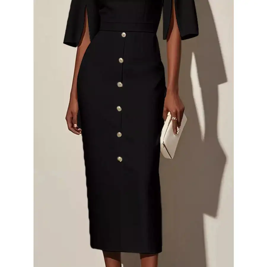 Slit Sleeve Midi Dress with Decorative Button