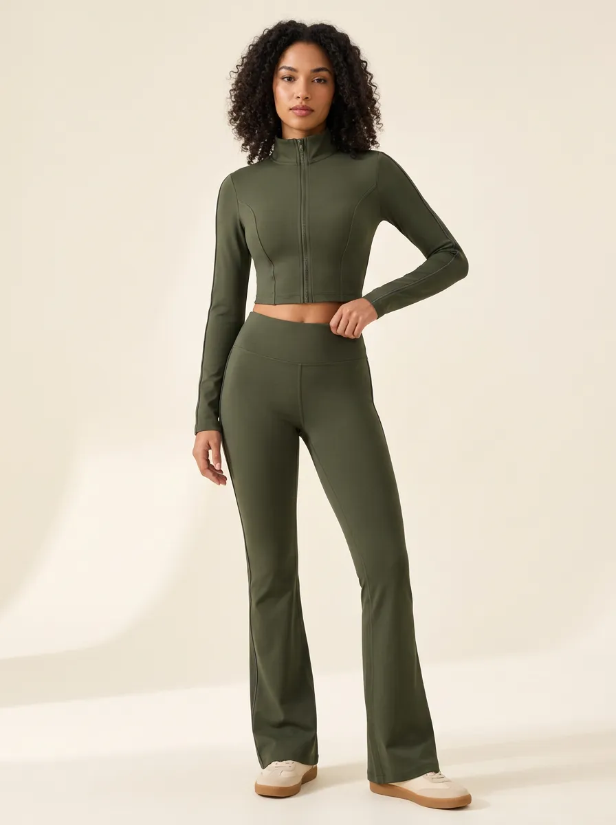 Women's Olive Piped Mock Neck Crop Jacket and Flare Pants Set