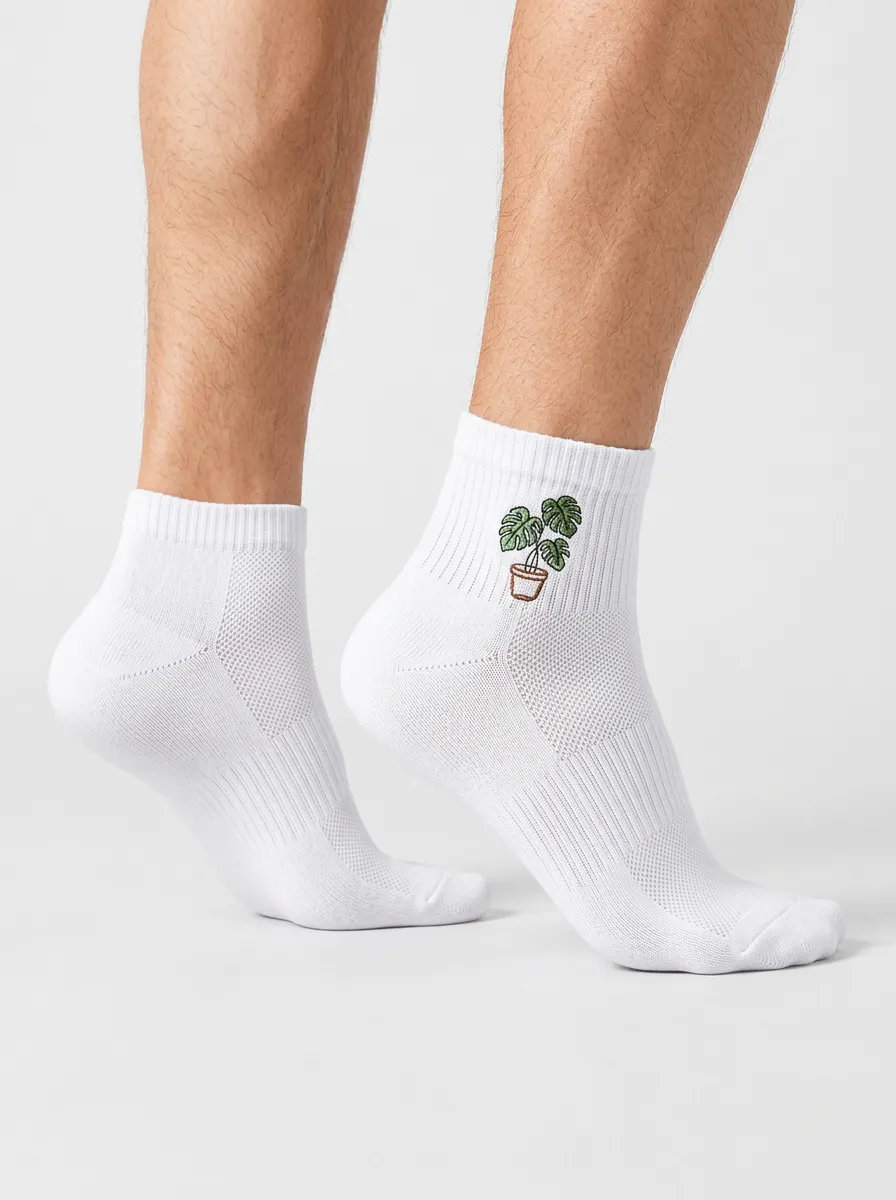 White Potted Monstera Graphic Athletic Ankle Socks