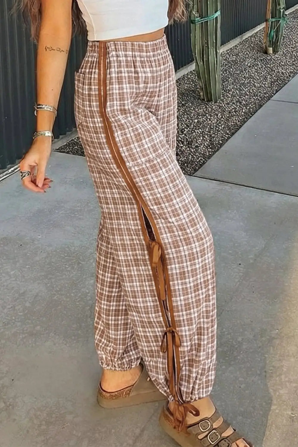 Active Plaid Elastic Waist Pants