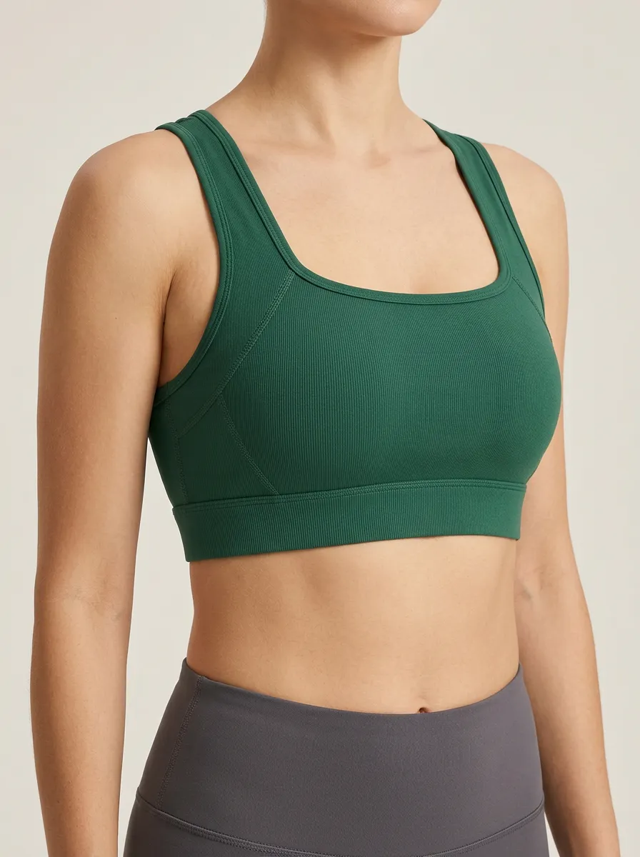 Women's Scoop Neck Ribbed Panel Detail Sports Bra