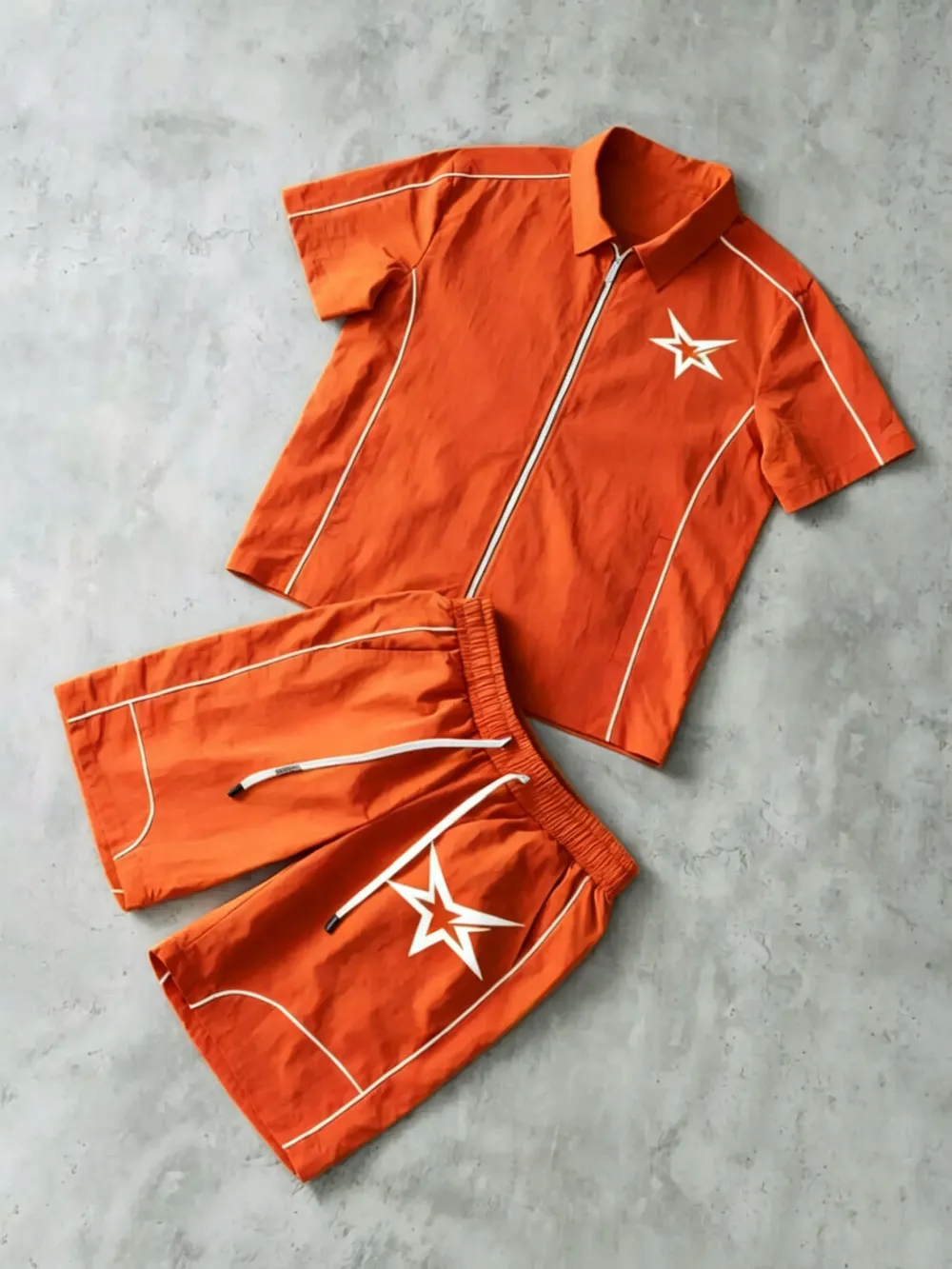 Stars Pattern Casual Set Short Sleeve Zipper Shirt + Gym Shorts Two-Piece Set, Breathable Comfort Spring Summer Daily Wear