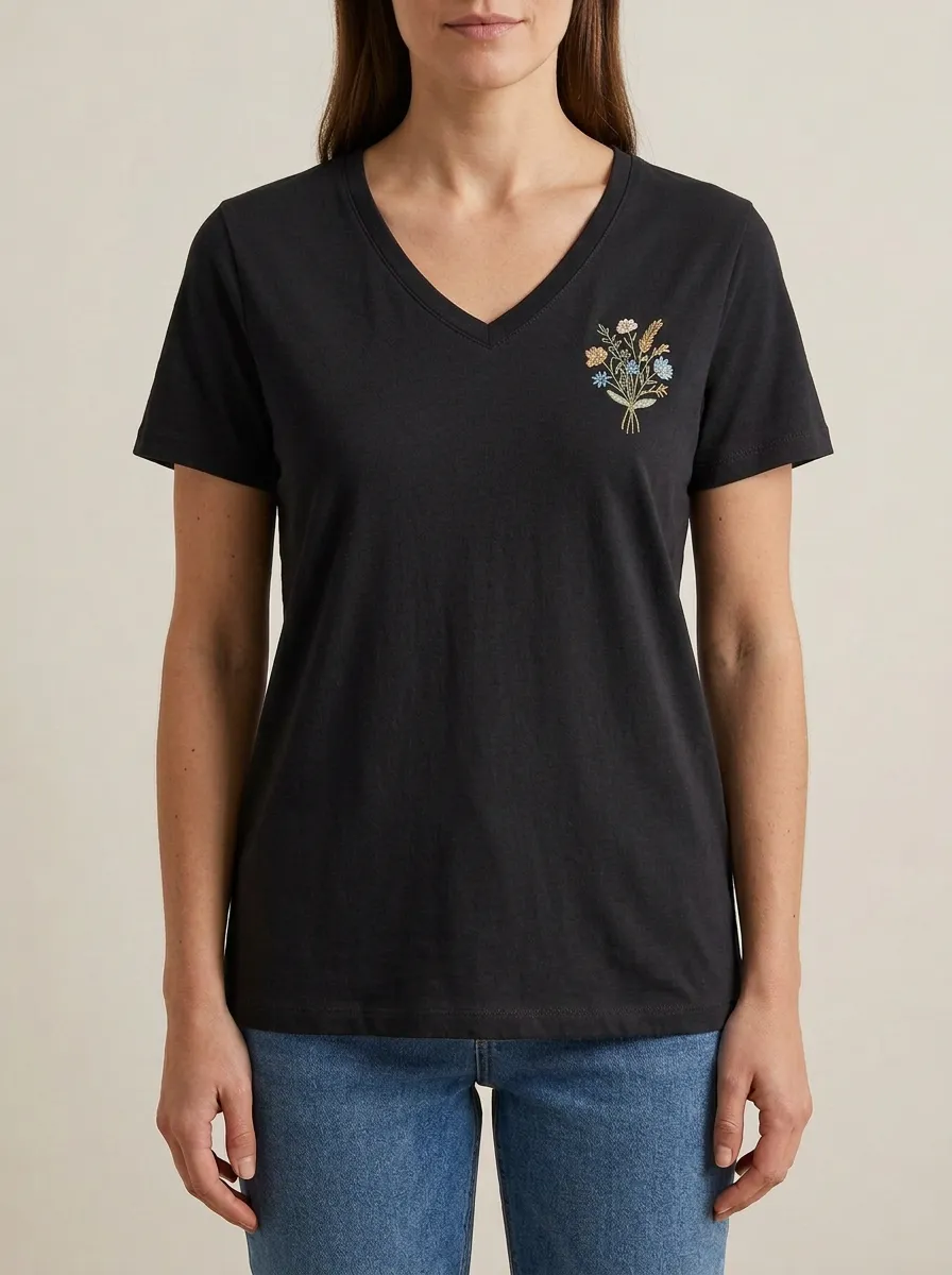 Women's Short-Sleeve Floral-Embroidered V-Neck T-Shirt