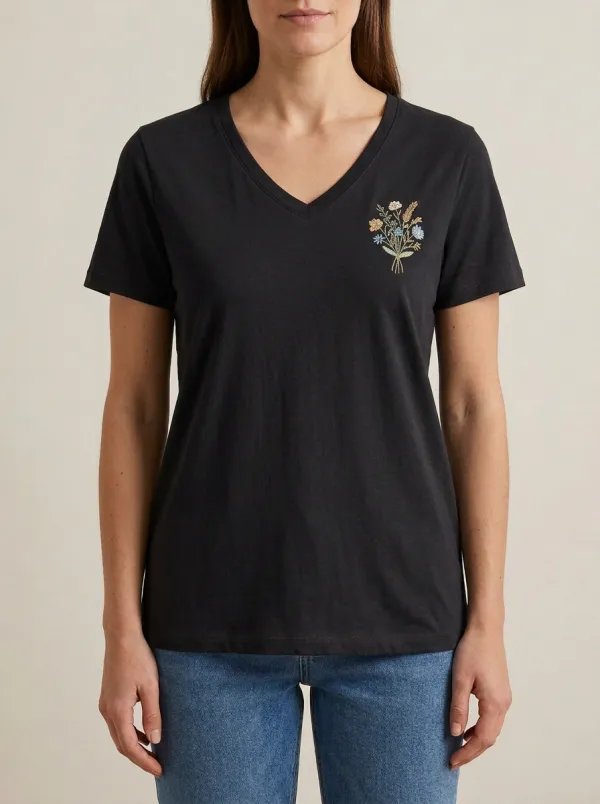 Women's Short-Sleeve Floral-Embroidered V-Neck T-Shirt