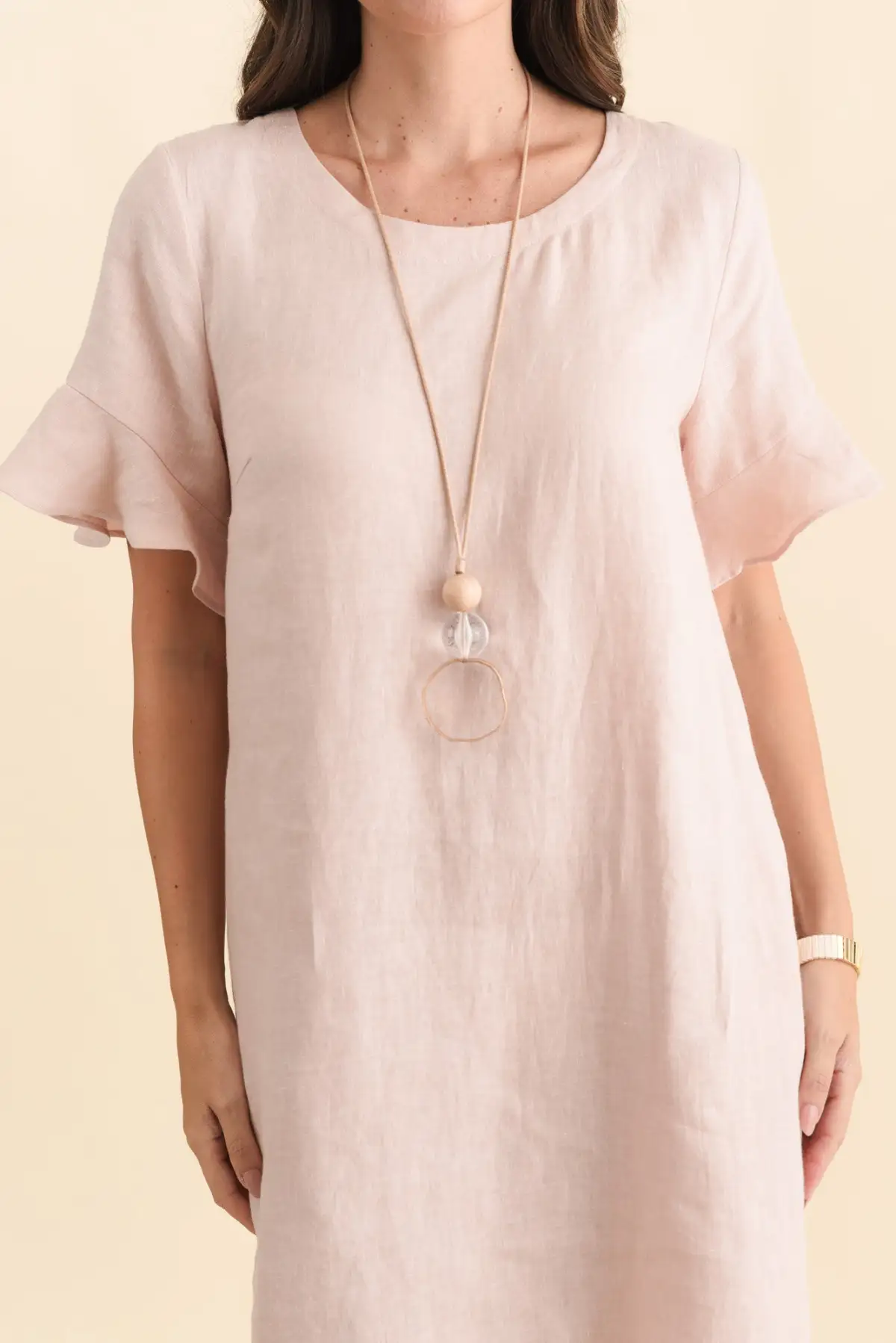 Above-Knee Linen Pocket Round-Neck Half-Sleeve A-Line Relaxed Dress