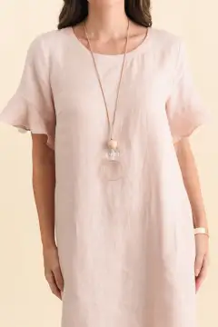 Above-Knee Linen Pocket Round-Neck Half-Sleeve A-Line Relaxed Dress
