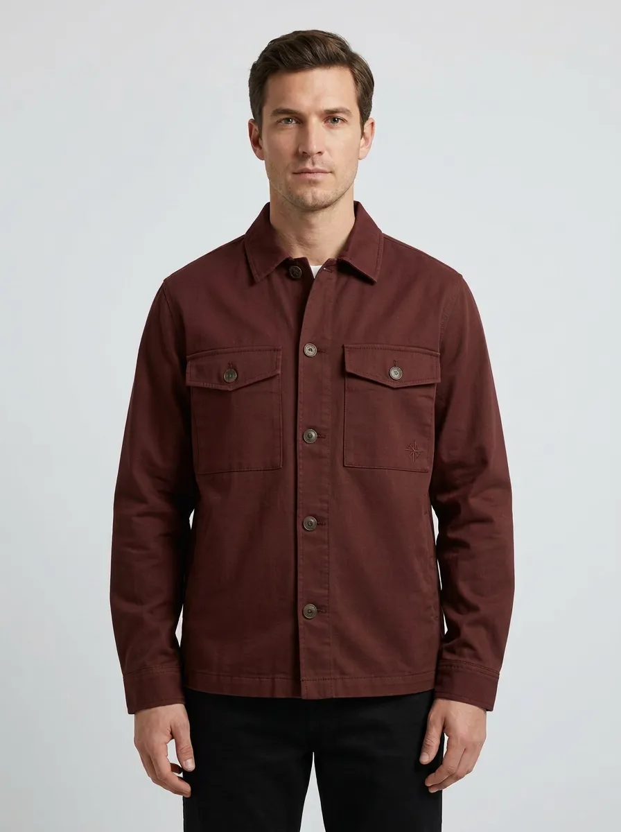Men's Casual Olive Green Compass Embroidered Button-Up Jacket