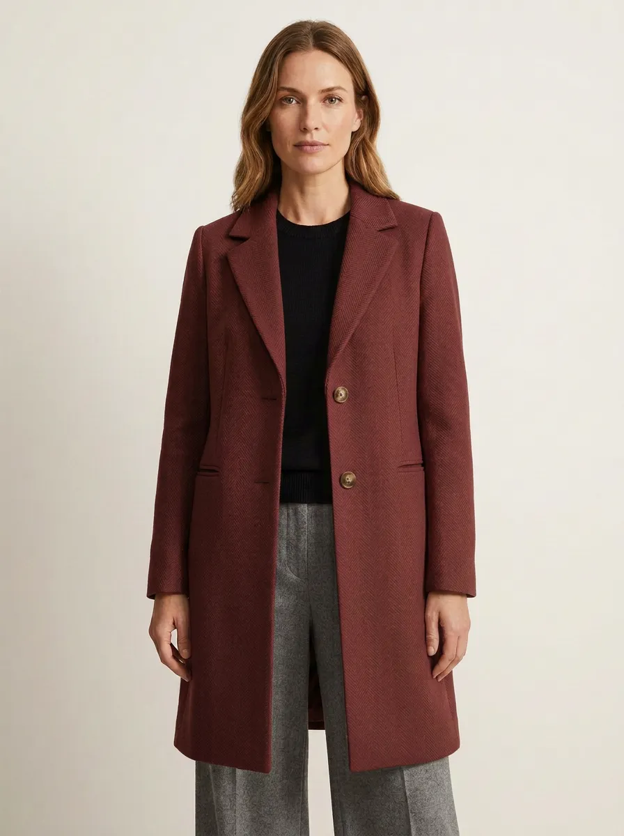 Women's Classic Minimalist Camel Herringbone Patterned Coat