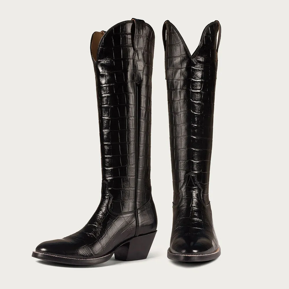Classic Faux-Leather Crocodile-Embossed Round-Toe Chunky-Heel Knee-High Boots