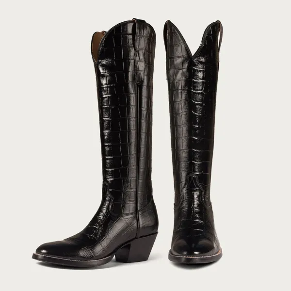 Classic Faux-Leather Crocodile-Embossed Round-Toe Chunky-Heel Knee-High Boots