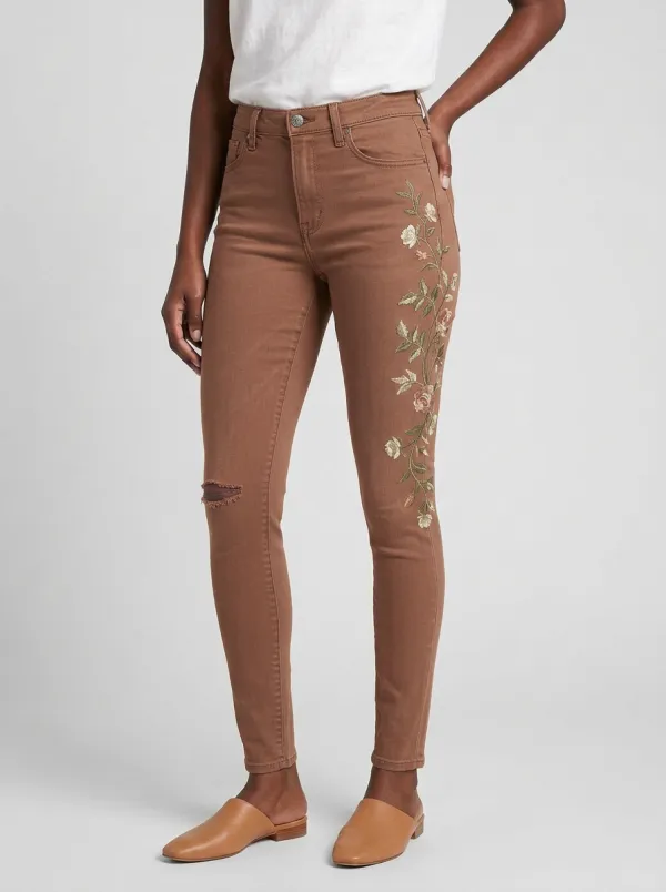 Women's Floral Rose Vine Embroidered Printed Slim Jeans