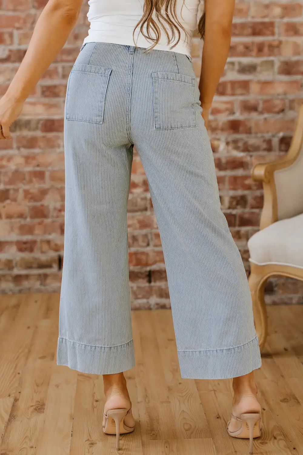 Women's Stripe Button Flap Pocket Cuffed Hem Wide Leg Jeans