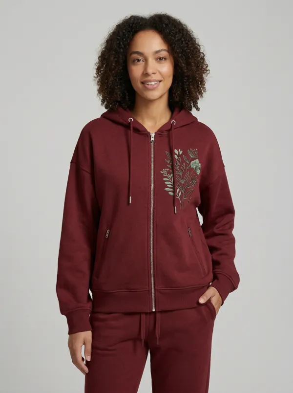Women's Beige Floral Line Art Graphic Zip-Up Hoodie Jacket & Jogger Set