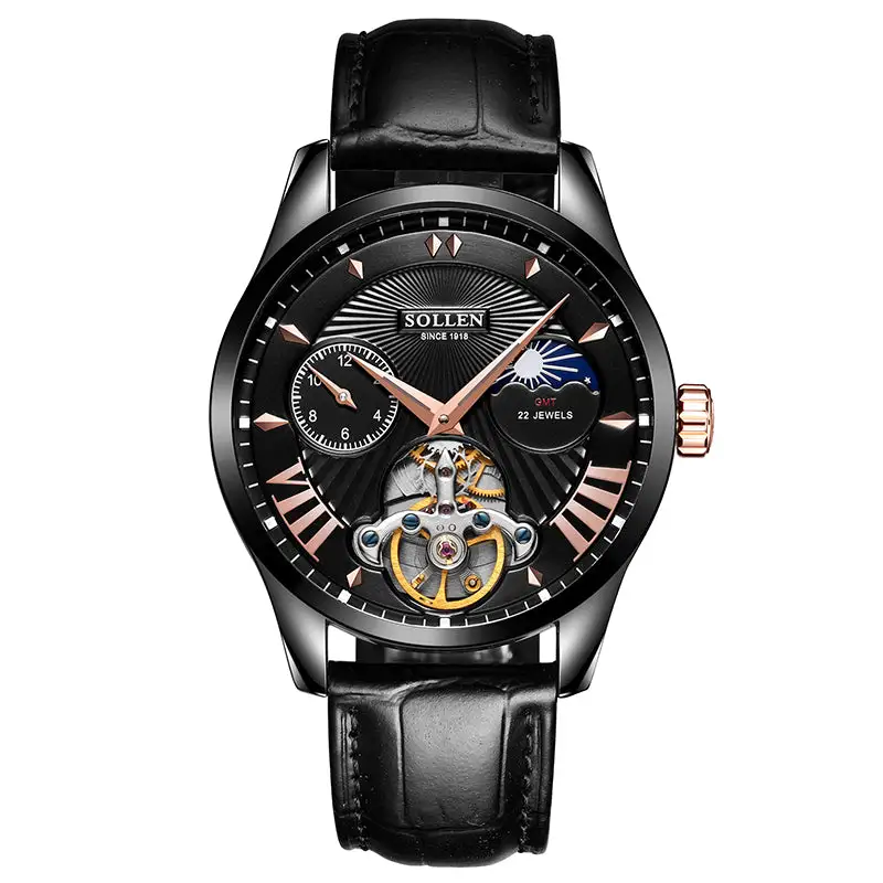 Sollen SL302 Men's Open Heart Automatic Mechanical Watch - 41mm Stainless Steel Case Moon Phase Dual Time Sunburst Dial Wristwatch