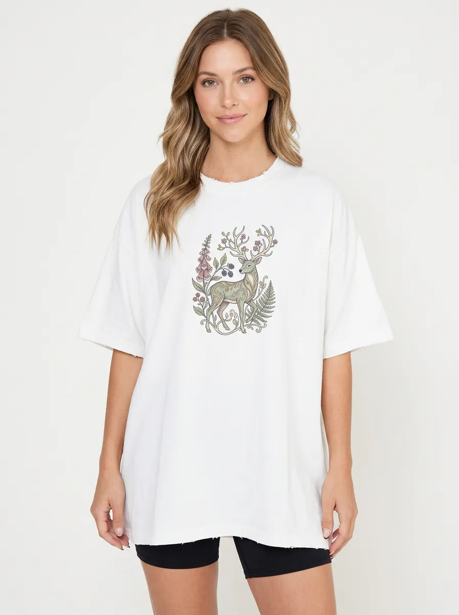 Women's Nature Forest Deer Floral Graphic T-Shirt