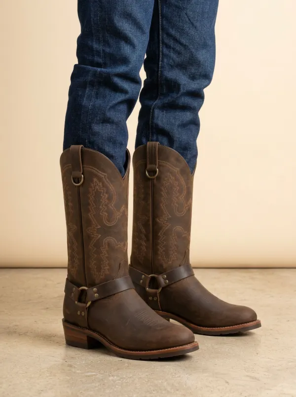 Men's Rodeo Western Brown Leather Embroidered Harness Boots