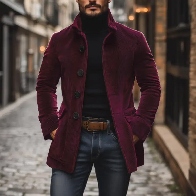 Textured Button Band Collar Coat