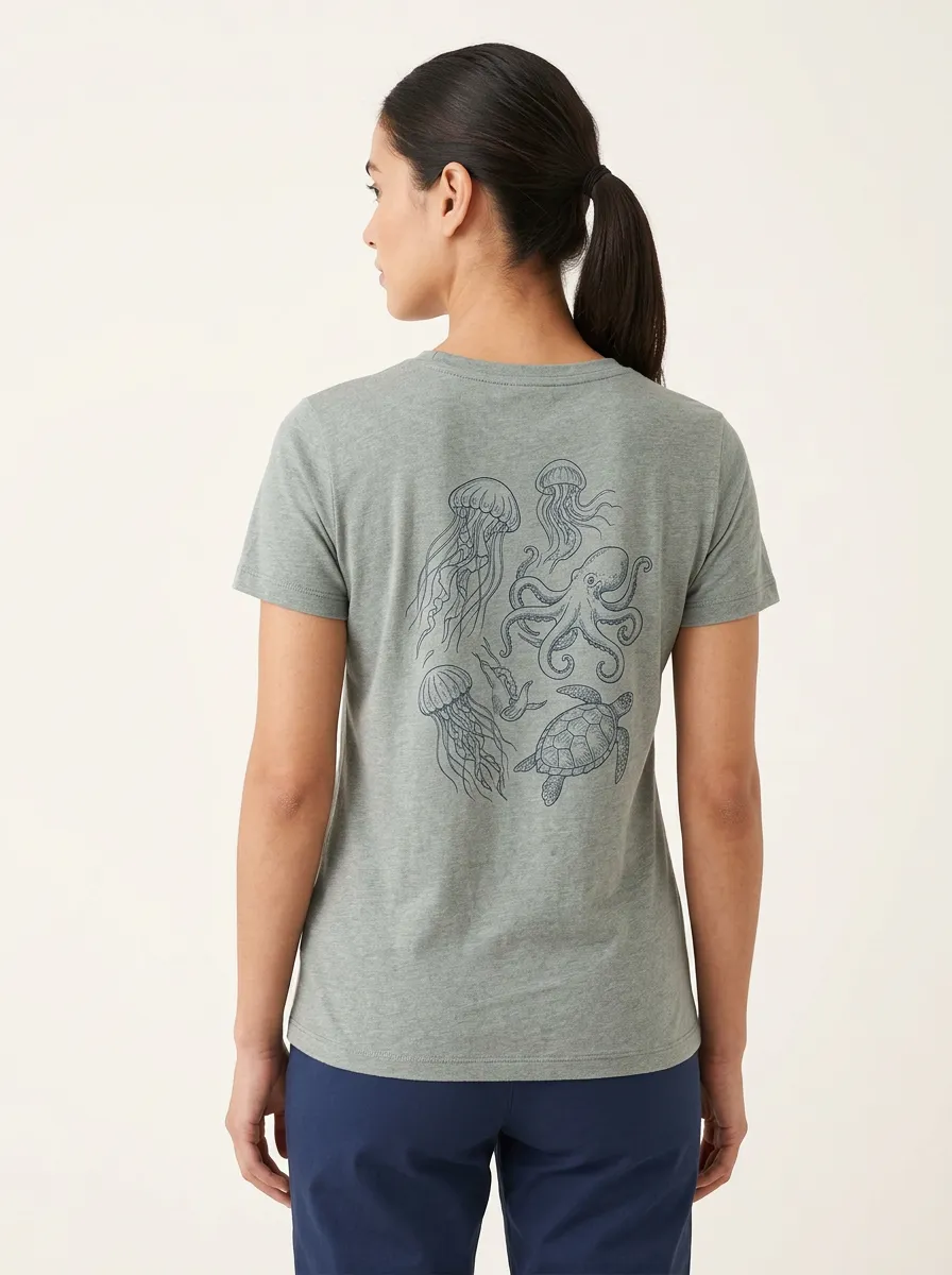 Women's Jellyfish Octopus Turtle Back Graphic Crewneck T-Shirt