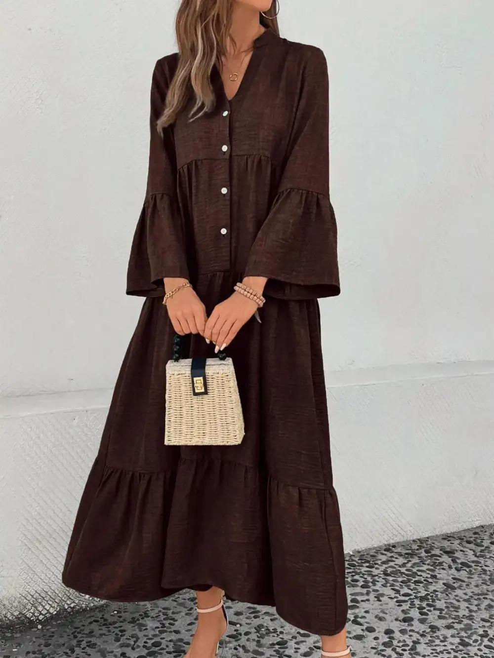 Button Front Ruffle Tiered Dress Casual